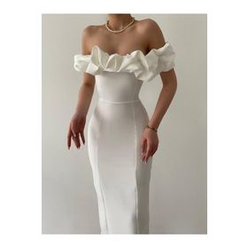Afiş Butik Beyaz Düşük Omuz Yakası Fırfırlı Midi Elbise