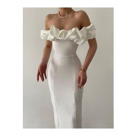 Afiş Butik Beyaz Düşük Omuz Yakası Fırfırlı Midi Elbise