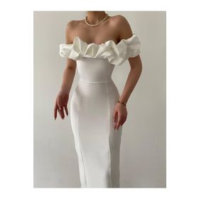 Afiş Butik Beyaz Düşük Omuz Yakası Fırfırlı Midi Elbise