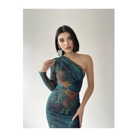 Afiş Butik Kadın Drapeli Tül Kumaş Tek Kol Dar Kesim Midi Boy Yeşil Renk Renk Kalem Abiye Elbise