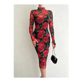 Afiş Butik Kırmızı Çiçek Desenli Uzun Tül Kollu Elbise