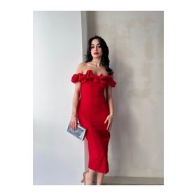 Afiş Butik Kırmızı Düşük Omuz Midi Boy Elbise