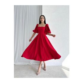 Afiş Butik Kırmızı Kare Yaka Pileli Midi Boy Elbise