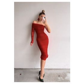 Afiş Butik Kırmızı Tek Omuz Tül Drapeli Elbise