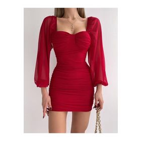 Afiş Butik Kırmızı Uzun Tül Kol Detaylı Drapeli Elbise