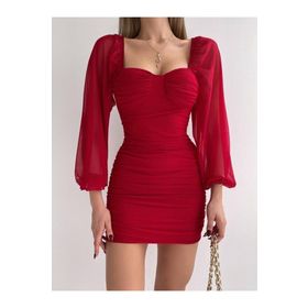 Afiş Butik Kırmızı Uzun Tül Kol Detaylı Drapeli Elbise