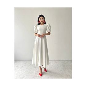 Afiş Butik Modern Beyaz Balon Kollu Midi Elbise