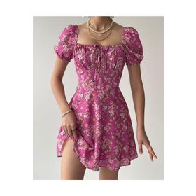 Afiş Butik Pembe Çiçek Desenli Göğüs Detaylı Elbise