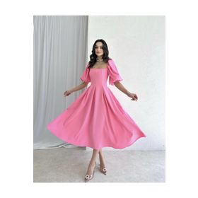 Afiş Butik Pembe Kare Yaka Balon Kollu Pileli Midi Boy Elbise