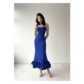 Afiş Butik Saks Mavi Etek Ucu Asimetrik Kıvrımlı Midi Boy Elbise