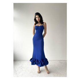 Afiş Butik Saks Mavi Etek Ucu Asimetrik Kıvrımlı Midi Boy Elbise