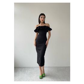 Afiş Butik Siyah Düşük Omuz Midi Boy Elbise