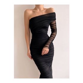 Afiş Butik Siyah Tek Omuz Tül Drapeli Elbise