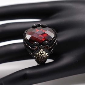 AgaKulche 925 Ayar 22.72 gr Kırmızı Taşlı Damask Desen Erkek Gümüş Yüzük