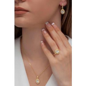 AgaKulche Oval Model Gold S62-GB 925 Kadın Gümüş Takı Seti