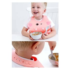 Agubugu Baby Kabartmalı Figürlü Cepli Silikon Pembe Mama Önlüğü