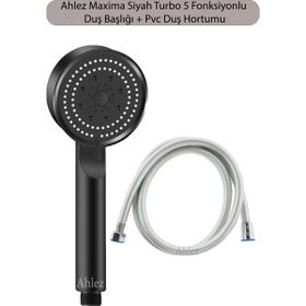 Ahlez Maxima Siyah Turbo Fan 5 Fonksiyonlu Duş Başlığı ve Duş Hortumu Duş Takımı