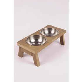 Ahşap Modern Tasarımlı Çelik Kase Köpek ve Kedi Mama Su Kabı