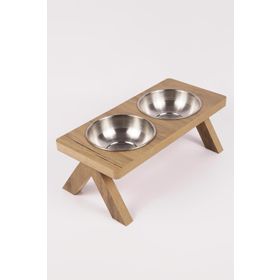 Ahşap Modern Tasarımlı Çelik Kaseli Kedi Köpek Mama ve Su Kabı