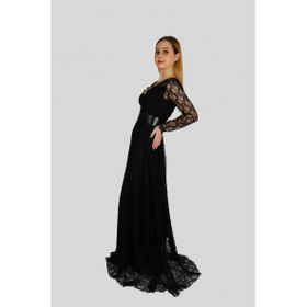Ahsen 0107 Nancy Uzun Siyah Güpürlü Abiye Elbise