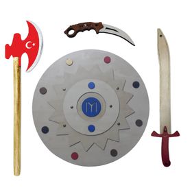 Ahtek ETİCSET22 4'lü Kalkan Balta Kılıç Karambit Ahşap Oyuncak Seti