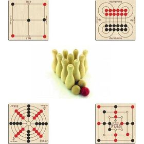 Ahtek ETİCSET297 5'li 3 Taş ve 9 Taş ve Bihar ve Surakarta ve Bowling Ahşap Zeka ve Strateji Oyun Seti