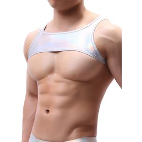 AIEOE Show Clubwear Metalik Parlak Gümüş Erkek Tank Top T-shirt
