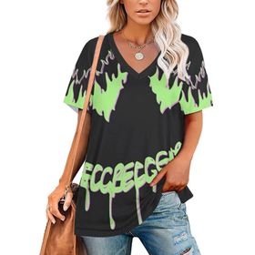 AILLOSA CGF-03 Tamamı Baskılı Kısa Kollu V Yakalı Kadın T-shirt
