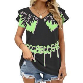 AILLOSA CGF-03 V Yakalı Fırfırlı Baskılı Kadın T-shirt