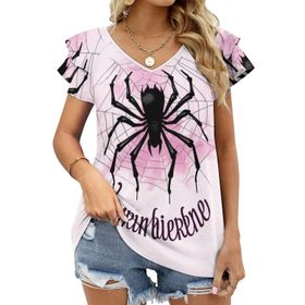 AILLOSA CGF-06 V Yakalı Fırfırlı Baskılı Kadın T-shirt