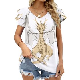 AILLOSA CGF-08 V Yakalı Fırfırlı Baskılı Kadın T-shirt
