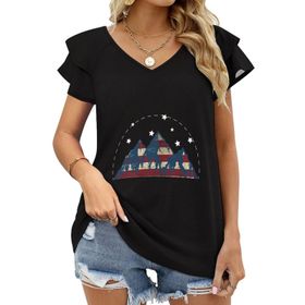 AILLOSA FLAG-02 V Yakalı Fırfırlı Baskılı Kadın T-shirt