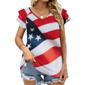 AILLOSA FLAG-03 V Yakalı Fırfırlı Baskılı Kadın T-shirt