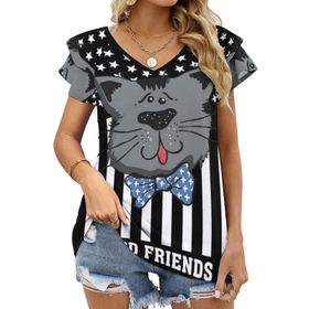 AILLOSA FLAG-05 V Yakalı Fırfırlı Baskılı Kadın T-shirt