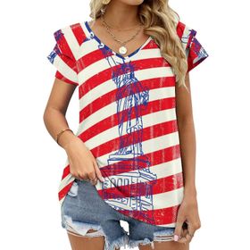 AILLOSA FLAG-06 V Yakalı Fırfırlı Baskılı Kadın T-shirt