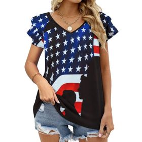 AILLOSA FLAG-08 V Yakalı Fırfırlı Baskılı Kadın T-shirt