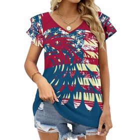 AILLOSA FLAG-09 V Yakalı Fırfırlı Baskılı Kadın T-shirt