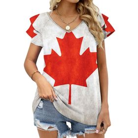 AILLOSA FLAG-100 V Yakalı Fırfırlı Baskılı Kadın T-shirt