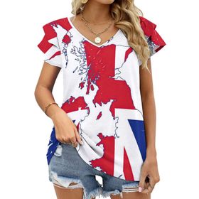 AILLOSA FLAG-102 V Yakalı Fırfırlı Baskılı Kadın T-shirt