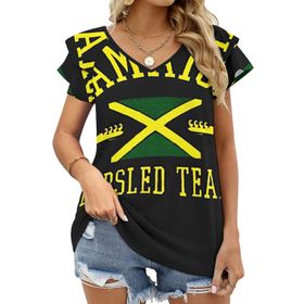 AILLOSA FLAG-107 V Yakalı Fırfırlı Baskılı Kadın T-shirt