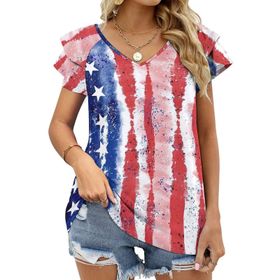 AILLOSA FLAG-110 V Yakalı Fırfırlı Baskılı Kadın T-shirt