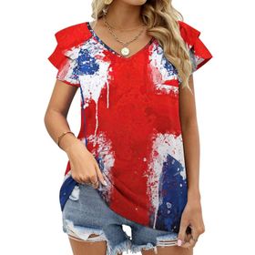 AILLOSA FLAG-115 V Yakalı Fırfırlı Baskılı Kadın T-shirt