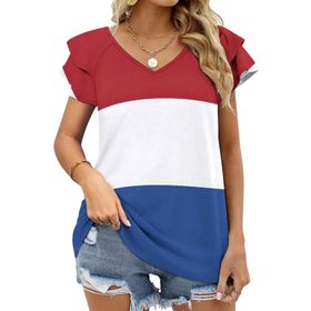 AILLOSA FLAG-12 V Yakalı Fırfırlı Baskılı Kadın T-shirt