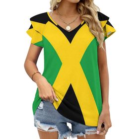 AILLOSA FLAG-121 V Yakalı Fırfırlı Baskılı Kadın T-shirt