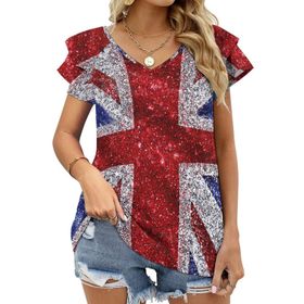 AILLOSA FLAG-122 V Yakalı Fırfırlı Baskılı Kadın T-shirt