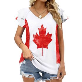 AILLOSA FLAG-126 V Yakalı Fırfırlı Baskılı Kadın T-shirt