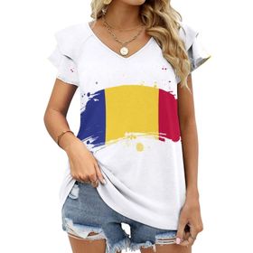 AILLOSA FLAG-128 V Yakalı Fırfırlı Baskılı Kadın T-shirt