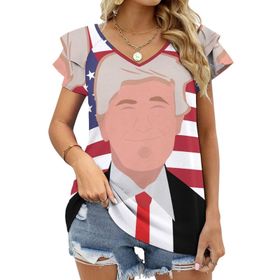AILLOSA FLAG-13 V Yakalı Fırfırlı Baskılı Kadın T-shirt
