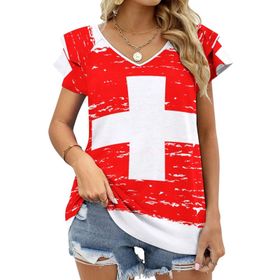AILLOSA FLAG-130 V Yakalı Fırfırlı Baskılı Kadın T-shirt