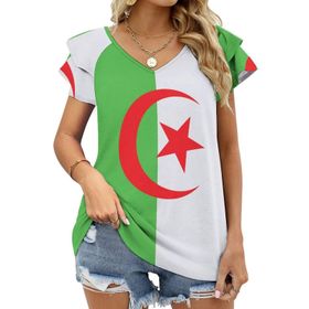 AILLOSA FLAG-133 V Yakalı Fırfırlı Baskılı Kadın T-shirt
